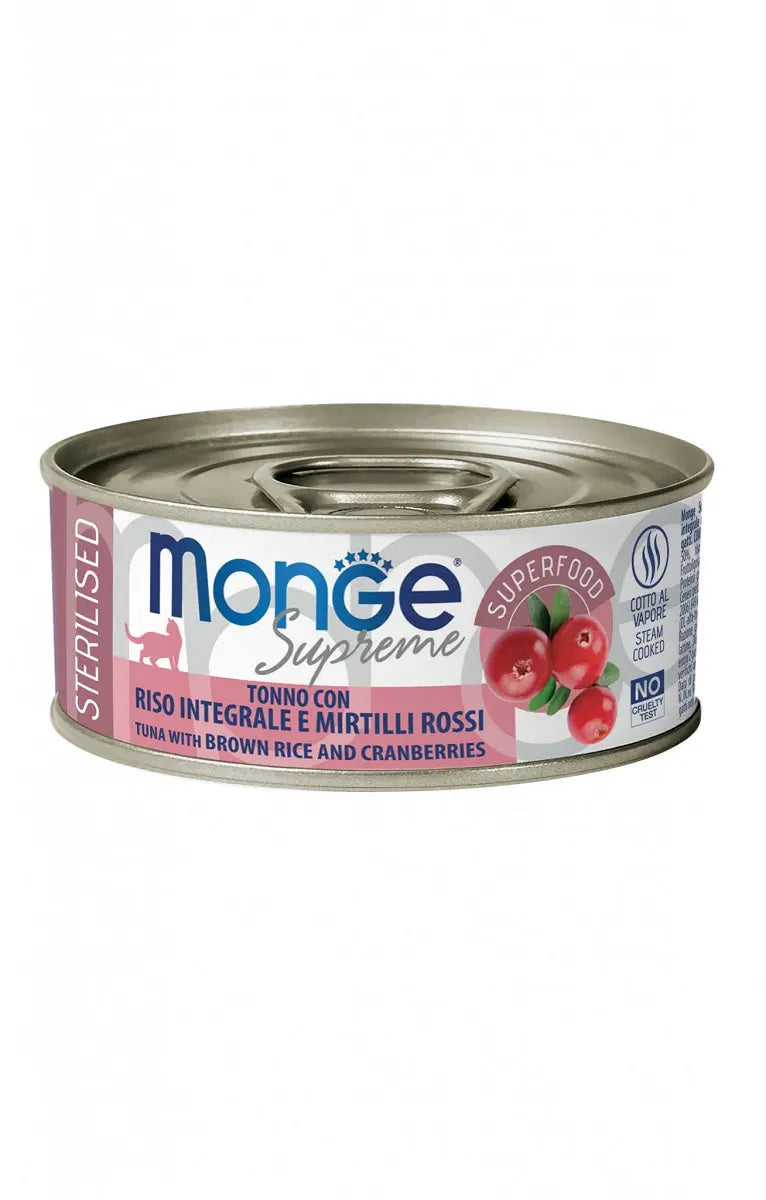 Monge Supreme Sterilised Tonno Riso Integrale e Mirtilli Rossi Lattina 80g Gatti - Animaliapet