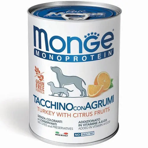 Monge Monoprotein Patè Tacchino Con Agrumi Scatolette Da 400g Cani Adulti - Animaliapet