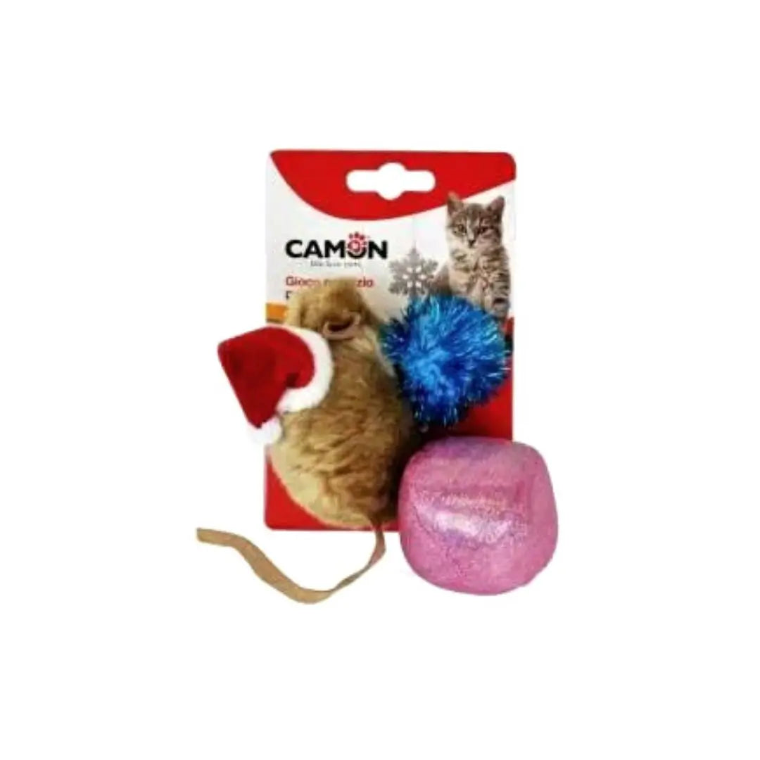 Camon Topolino con Cappello di Natale e Pallina 9cm Gioco per Gatti - Animaliapet