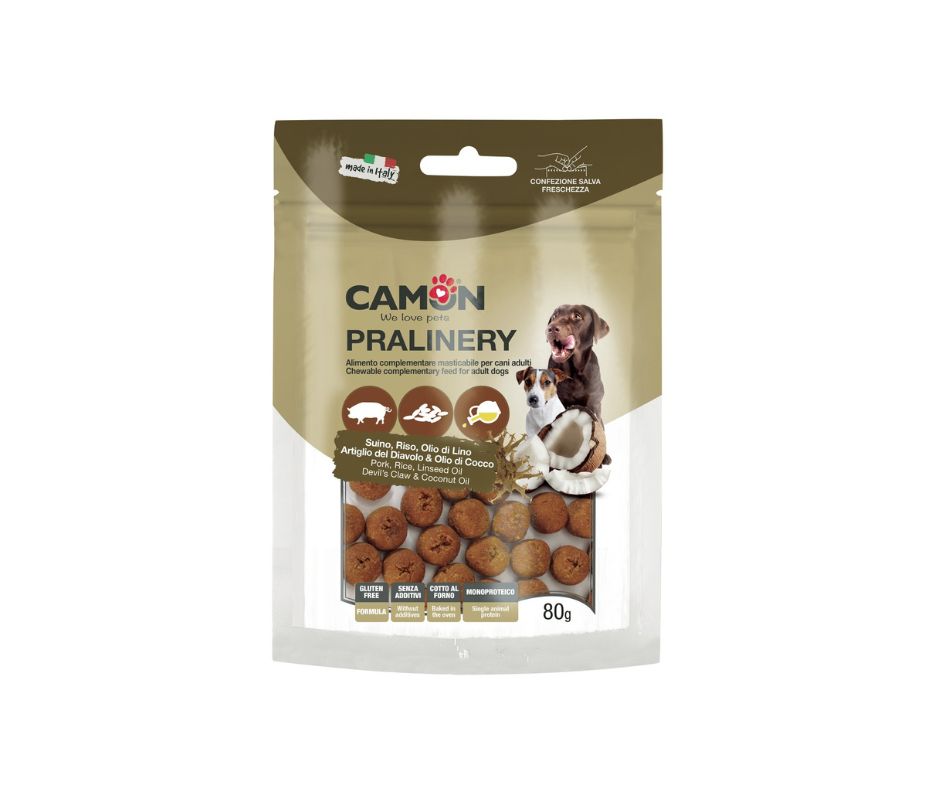 Camon Pralinery Suino Artiglio del Diavolo e Olio di Cocco 80g Snack Cani - Animaliapet