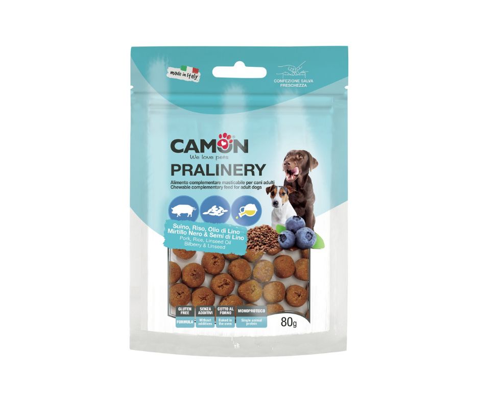 Camon Pralinery Suino Mirtillo Nero e Semi di Lino 80g Snack Cani - Animaliapet