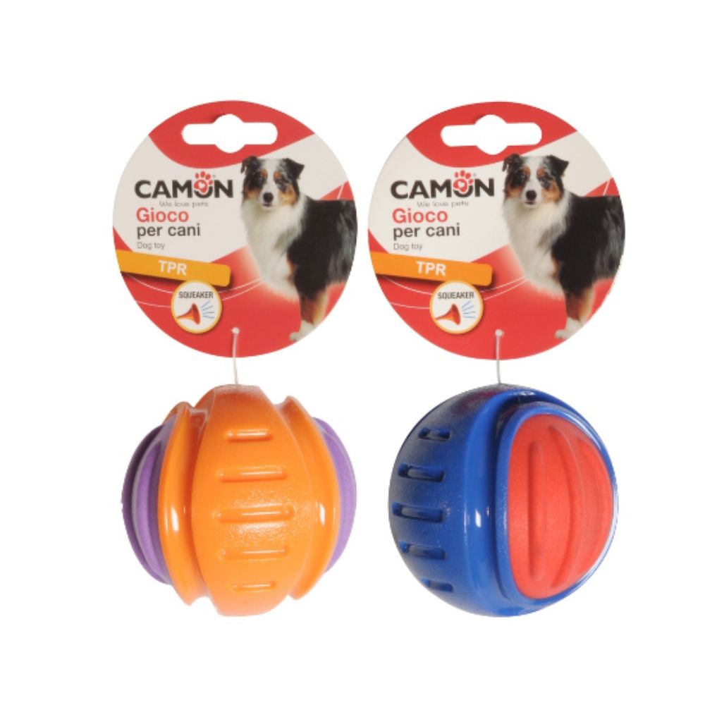 Camon Palla Bicolore in TPR con squeaker Arancio o Blu 10cm Giochi per Cani