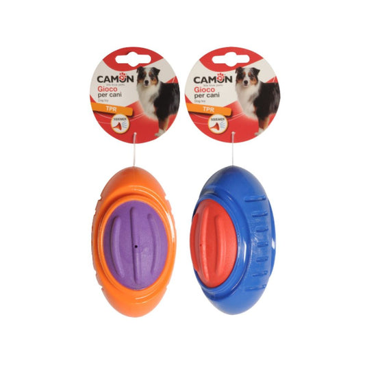 Camon Palla Rugby in TPR con squeaker Arancio o Blu 13cm Giochi per Cani