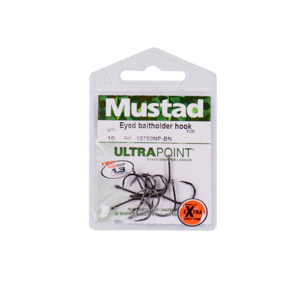 Mustad UltraPoint Eyed Baitholder Hook 10750NP-BN Taglia 8 10Pezzi Ami per la Pesca